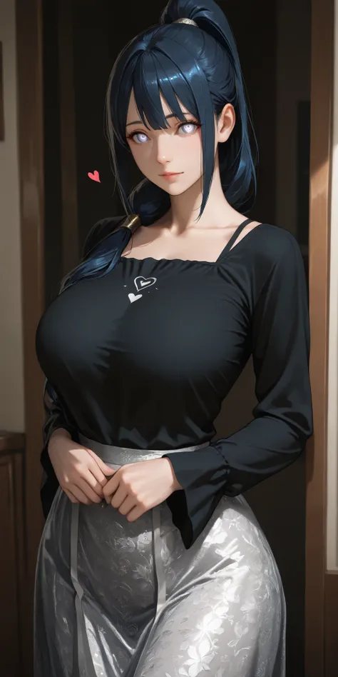 Masterpiece, newest, high contrast, high quality, ultra HD,very aesthetic, vibrant, mature female, hinata hyuga, high ponytail long hair, dark blue hair color, white eye color, camisole, perfect breast, upper body, ultra detailed, highres, best quality, ho...