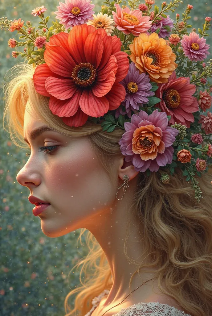 a vibrant digital artwork a beautiful lady with various flowers in her golden hair. Highlight a large, intricate red flower at the center, surrounded by a diverse mix of smaller blossoms in shades of orange, pink, and purple. Include rich green leaves and ...