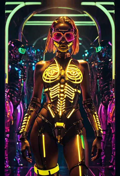 a woman wearing an exo-skeleton mask on a fashion runway, vibrant neon lighting, ****age model, intricate mechanical design, high-tech futuristic cyberpunk style, dynamic pose, dramatic lighting, colorful dystopian background, detailed metal textures, glos...