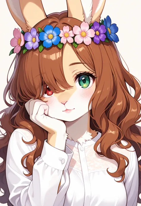 1girl, (furry, kemono:1.4), rabbit girl, animal nose, rabbit ears, long hair, brown hair, hair flower, hair over eye, green eyes, lips, hand on own face, red eyes, wavy hair, long sleeves, hair ornament, shirt, looking at viewer, flower, head wreath, solo,...