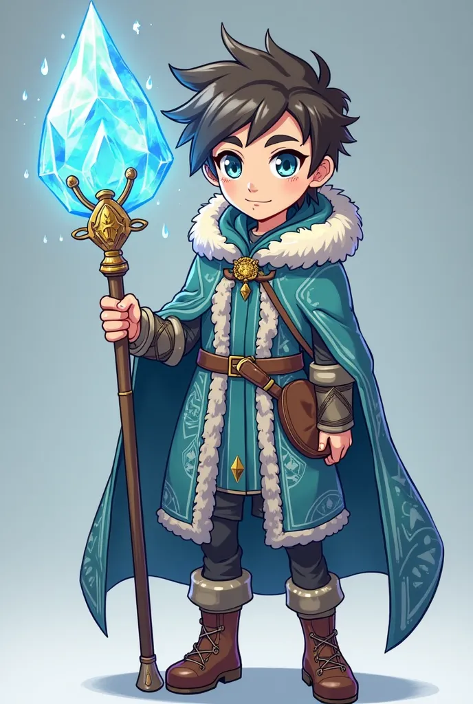 cartoon and anime character. The character is a boy,, equipped with Druid Cloak and blue ice staff with a golden circle around it