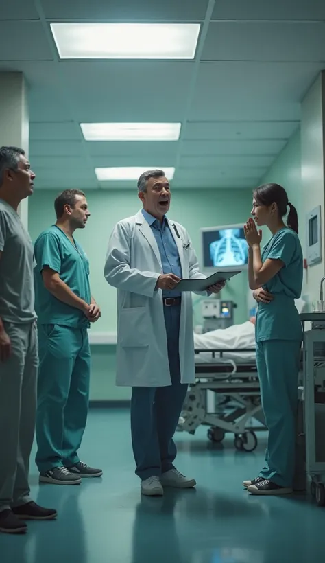 A hyper-realistic 4K hospital emergency room scene with bright overhead lighting reflecting off polished floors. Patients, doctors, and nurses are frozen in a moment of shock and surprise. A doctor with wide eyes and an open mouth holds a clipboard, seemin...