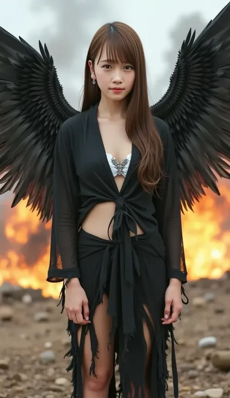 1 girl, ((( Showing white panties)))、angel,black angel wings,Wings engulfed in flames、Black Tunic,((( is on the battlefield))),dystopia、clothes are torn