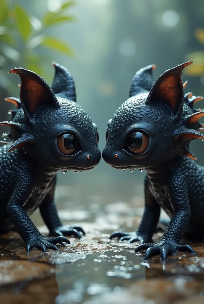 Create a black Axolotl, and a metallic black Axolotl, Make the two of you staring at each other up close,As if it were in the style of Sonic