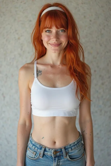 24 year old woman, red hair , fringe, far away,  white top with a headband, belly out, shots jeans curto, neckline,  blue eyes, freckles, She's in gym clothes, she it petite and skinny. She has a pleasant personality. Smiling at the viewer, full view. Givi...