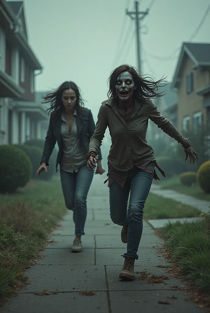 Zombie chasing a woman in a neighborhood 