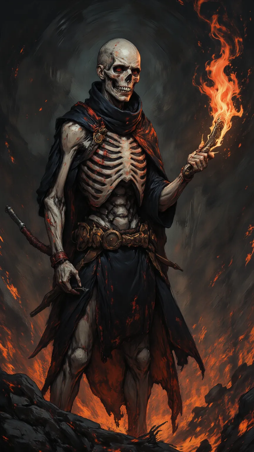 Skeleton Warrior,Handheld Flame Cutter,Standing in Death Haunted Valley,Detailed Realistic Character,Professional Image,4K,High Resolution, Extreme Detail ,Photo-realistic,exquisite oil painting,Dark Horror,Dark Atmosphere, dense shadow ,Dark Burning Effec...