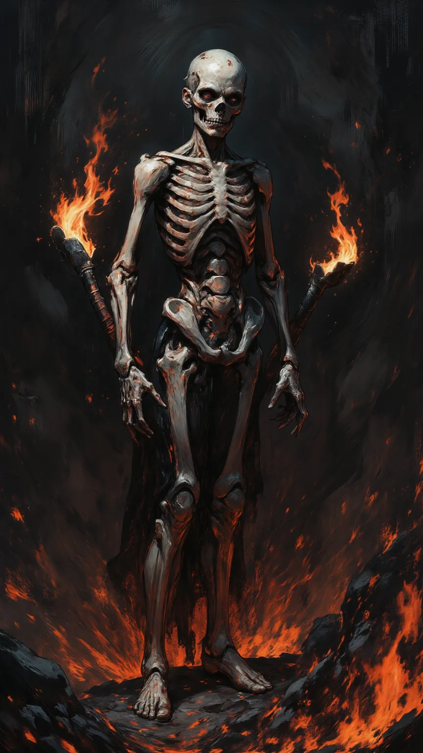 Skeleton Warrior,Handheld Flame Cutter,Standing in Death Haunted Valley,Detailed Realistic Character,Professional Image,4K,High Resolution, Extreme Detail ,Photo-realistic,exquisite oil painting,Dark Horror,Dark Atmosphere, dense shadow ,Dark Burning Effec...