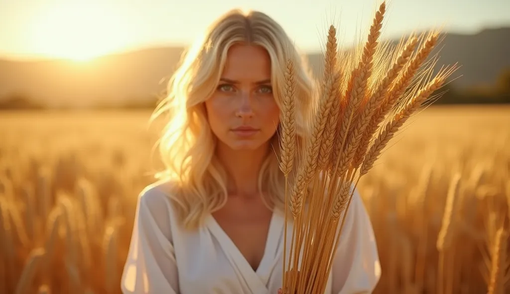 a blond woman holding wheat ears in a wheat field, with modest and simple clothes, Typical of the time of Jesus, como uma túnica de tecido grosseiro cobrindo parte do your cabelo, a luz do sol refletindo em your rosto, your 