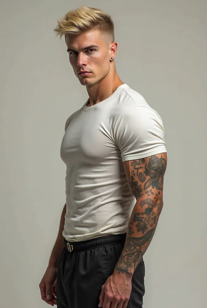 Man of 1.90 , blond,  jet black hair,   asymmetric lips   , red eyes , bushy eyebrows,  LONG EYELASHES , broad shoulders , neck , marked jaw ,  slapped nose ,  muscular arms  ,  marked abdomen , muscular legs , tattooed right arm, small ears , white short ...