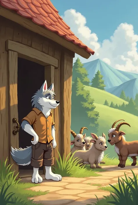 Animated image of a clothed wolf dog appears knocking on the door of the home of seven baby goats