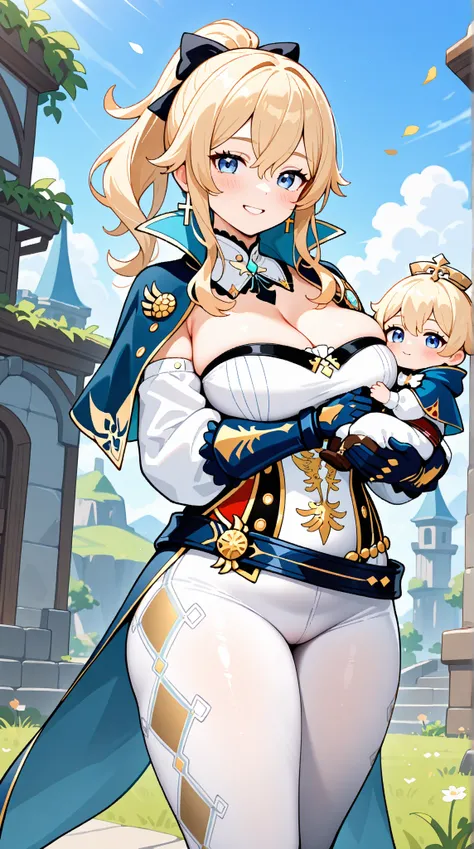  jean (genshin impact), 1girl,  long hair, looking at viewer, blue eyes, blonde hair, gloves, jewelry, large breasts, thick thighs, ponytail, hair bow, detached sleeves, strapless, capelet, white pants, tight clothes, cross earrings, tight pants, coattails...