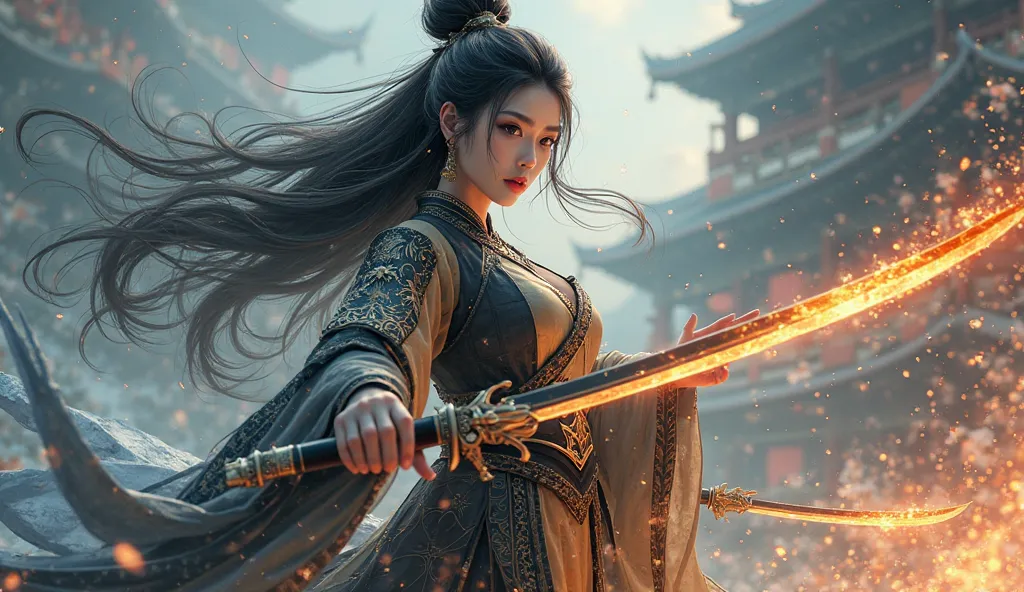 Woman, most beautiful, Sweet, elegant ,full body ,large breasts, young, black hair, Demon slayer pose, holding a black and gold glowing katana great sword, wearing women's earrings, (((1 girl)))，imperial shadow, magician，（perfect facial features：1.4），（Dark...