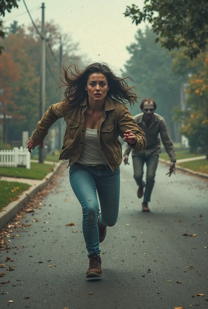 A woman chasing a zombie in a neighborhood 