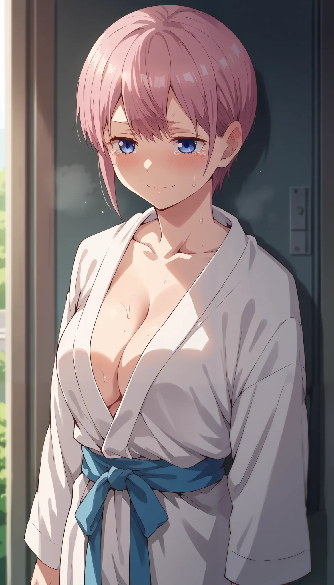 nsfw,Score_9, Score_8_up, Score_7_up, sauce_anime,
ichika nakano, Nakano Ichika, short hair, bangs, blue eyes, Hair between the eyes, Pink Hair, 
1girl, white Bathrobe, bottomless, cleavage, large breasted, barelegs, barebottom:1.5, standing,  indoor, smug...