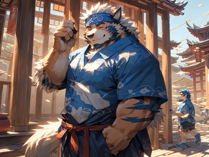 solo, 1boy, cartoon, by lindong, by null-ghost, correct anatomy, fullbody picture, Arcanine, beard, (blue casual shirt:1.5), headband, Gassho-style prayer with closed eyes, worship and pray, smile, Shinto shrine, traditional Japanese architecture, Torii ga...