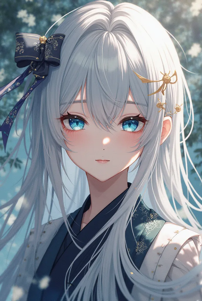 Anime boy character, white hair, long hair,  straight hair, bow with fringe, beautiful, blue eyes, design,  Japanese anime .