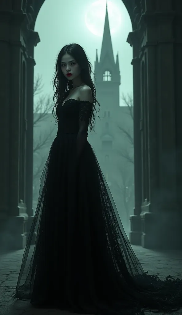 The head is in a dark gothic castle，in a long black lace dress，skirt intertwined with horse hair，Pale face，lips as red as blood，The spire of the castle behind it casts an eerie shadow in the light of the full moon。