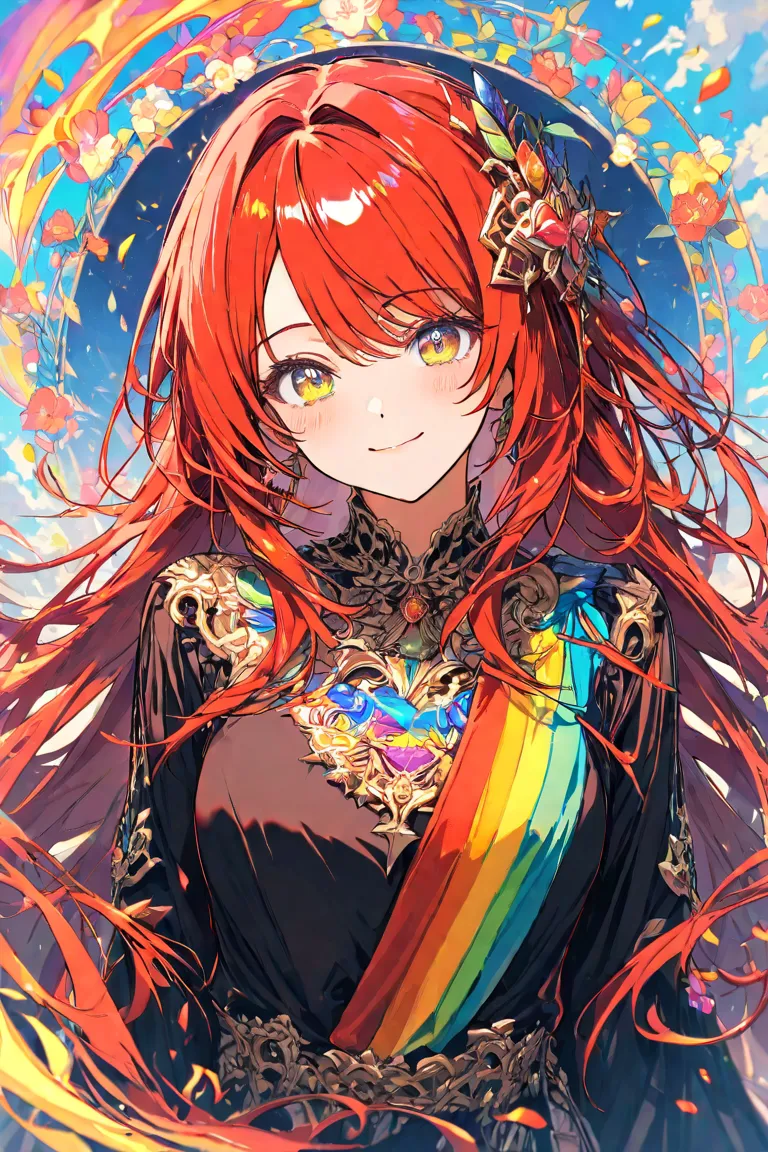 masterpiece,highest quality,Super Detail,8k,girl red hair semi-long hair　black dress rainbow　colorful gaze, smiles, 