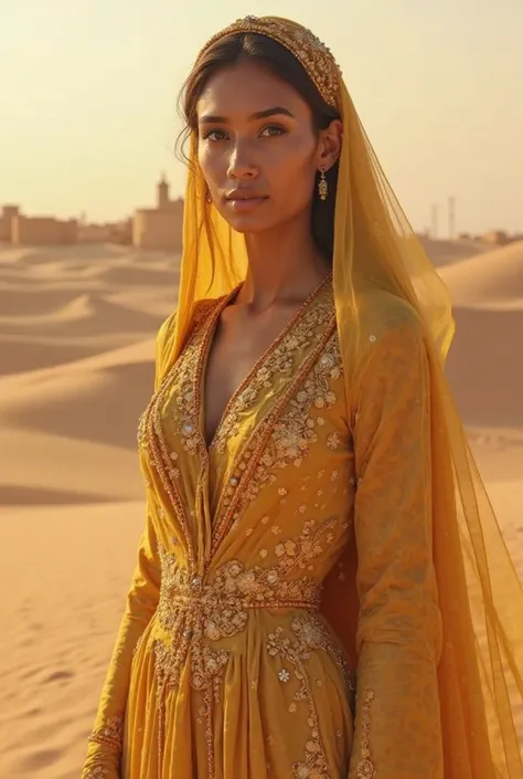 The Saudi woman is in the desert and popular houses and wearing a golden Saudi dress. Only human beings have a good background and a desert with a beautiful quality