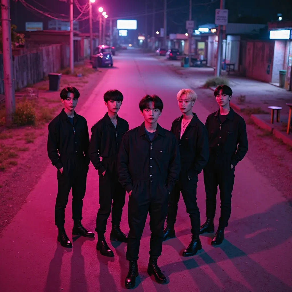 Aerial photo of five young Korean men, one with black hair, Another one with black hair, a dark blue , a blond and a redhead on a deserted road at night. Pink and purple lights create a cinematic mood. Scattered furniture adds an urban touch. They wear bla...