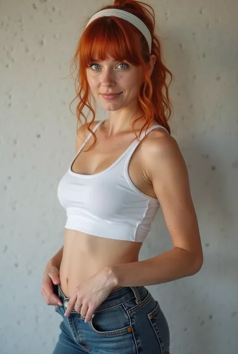 24 year old woman, red hair , fringe, far away,  white top with a headband, belly out, shots jeans curto, neckline,  blue eyes, freckles, She's in gym clothes, she it petite and skinny. She has a pleasant personality. Smiling at the viewer, full body view....