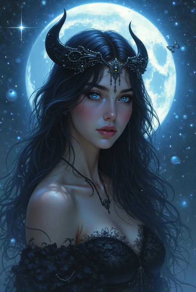 Moon half goddess, black hair, Sapphire blue eyes, black crescent crown 