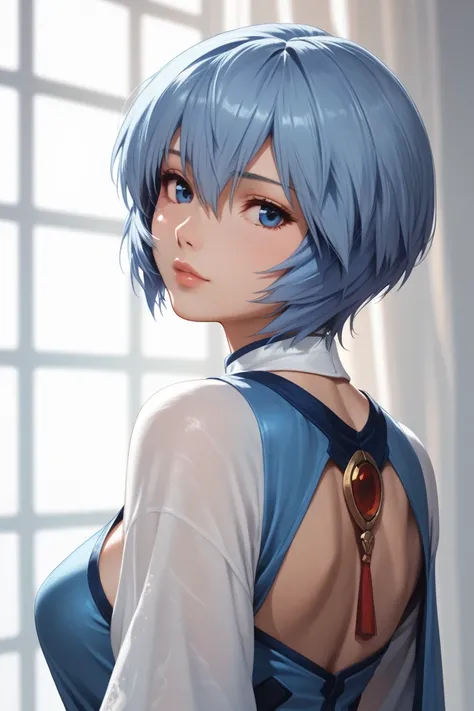 Masterpiece, Best Quality, 8K, Detailed Skin Texture, Detailed Cloth Texture, Beautiful Detail Face, Intricate Detail, Ultra Detailed, Portrait of Rei Ayanami, Blue Wavy Short Hair, Blue Eyes, Looking Back, No background