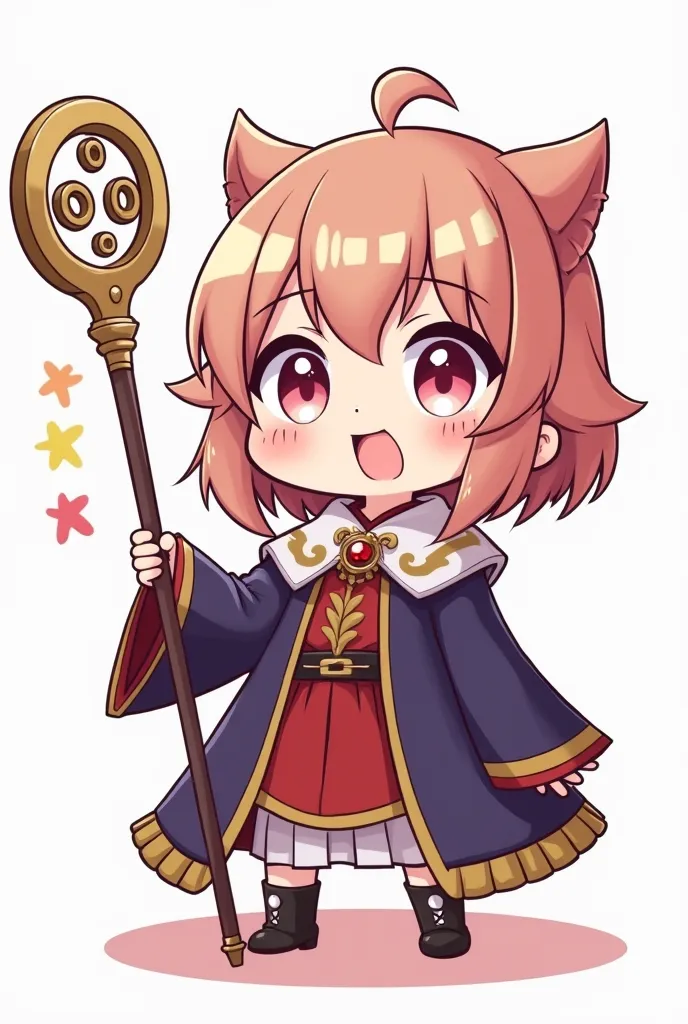 cartoon and anime character. The character is a almost chibi girl, equipped with a royal robe and a priest's staff, a staff with 3 circles on the edge of a larger circle