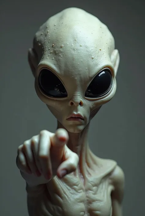 expression make an extremely realistic image of an alien pointing at me, with wide and black eyes and with a cold expression being seen from the front