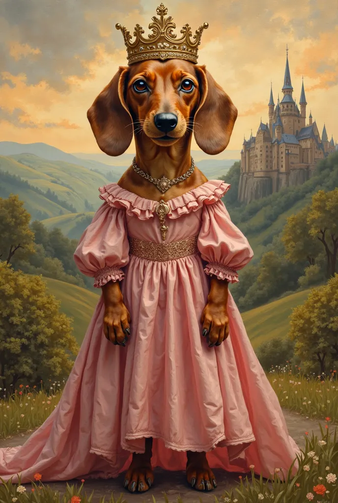 A medieval painting of a brown dachshund in a pink dress with a crown in a human body 
Smile, 