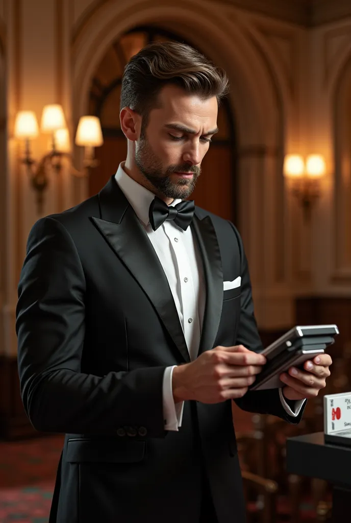 A man holding in his hands a card machine that prints tickets for a show