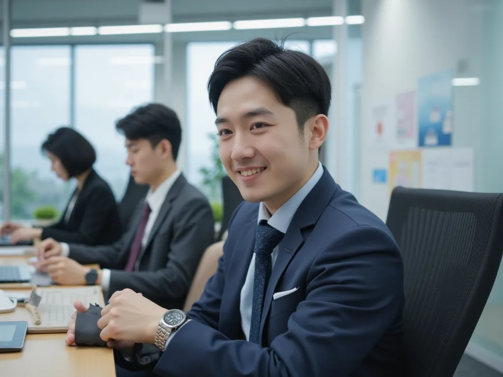 A 25-year-old Japanese man sitting at his desk in an office. After receiving a rare compliment, he leans back in his chair, smirks slightly, and nods in an exaggerated, sarcastic way. He adjusts his watch or tie, looks at the camera, and says in a smooth v...