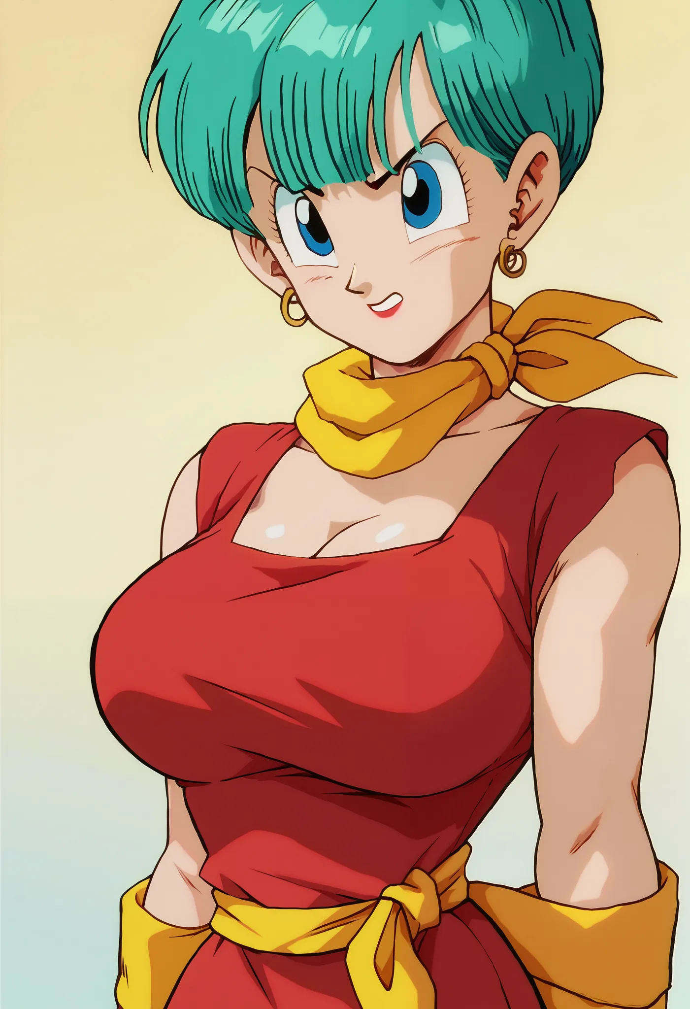 score_9,score_8_up,score_7_up,Bulma, aqua colored hair, blue eyes,(aged up:1.3),big breasts,yellow scarf wrapped around her neck, red dress, yellow boots, trailers.