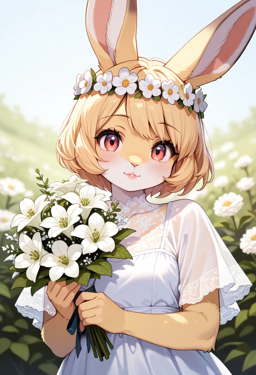 1girl, (furry, kemono:1.4), rabbit girl, animal nose, rabbit ears,  short hair, blonde hair, lips, dress, white dress, looking at viewer, flower, bouquet, head wreath, solo, holding, white flower, masterpiece, best quality, very aesthetic