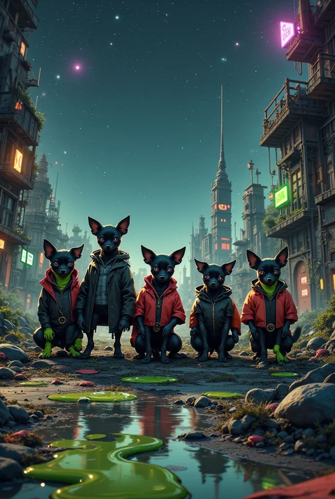 Black chihuahuas and green slime lined up、wearing clothes、chihuahuas have purple eyes、The background is an abandoned city、Slime has green eyes、stylish、starry sky