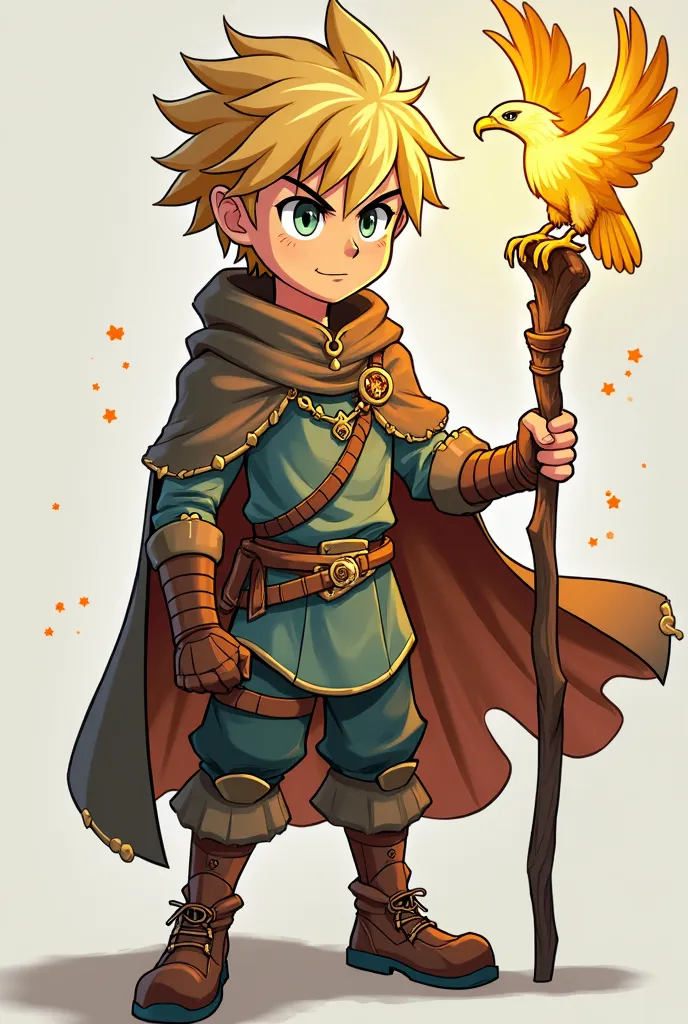 cartoon and anime character. The character is a fierce boy, equipped with the Druid's Cloak and the Light Summoner's staff, with the tip shaped like a golden eagle