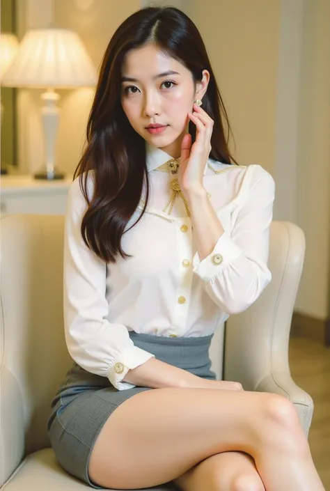 a young woman seated on a light-colored chair in an indoor setting, likely an office or lounge. She has long, dark hair styled neatly, and her expression is poised and confident. She is dressed in a professional yet stylish outfit, consisting of a white bl...