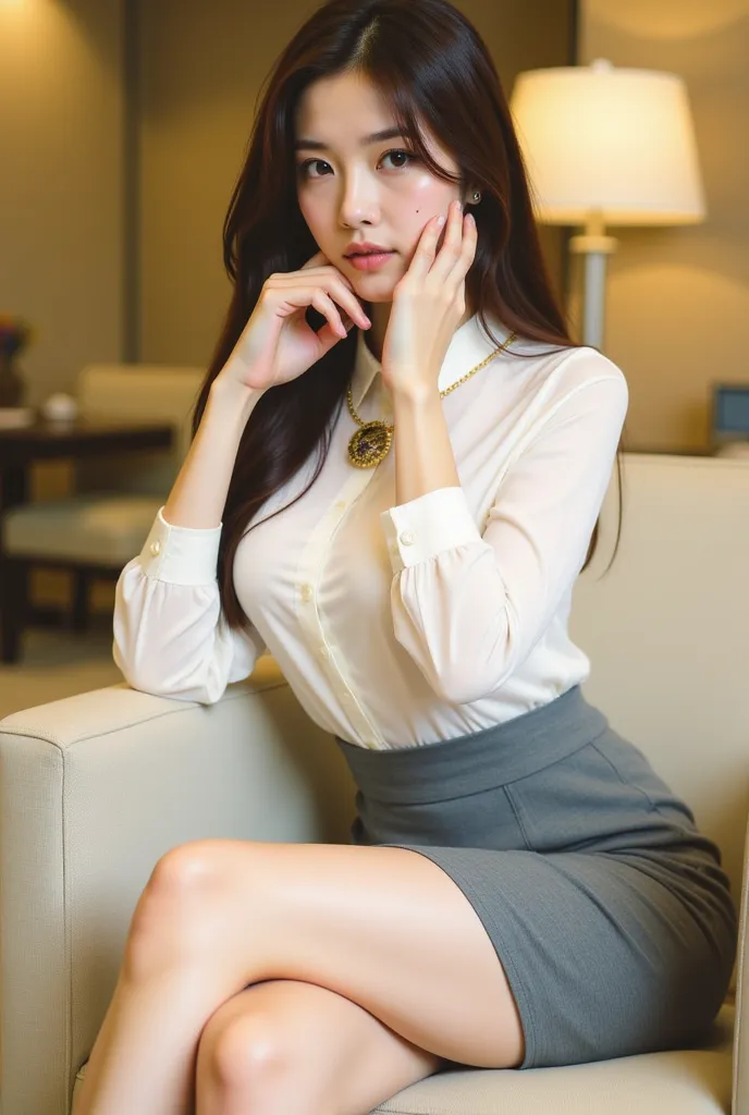 a young woman seated on a light-colored chair in an indoor setting, likely an office or lounge. She has long, dark hair styled neatly, and her expression is poised and confident. She is dressed in a professional yet stylish outfit, consisting of a white bl...