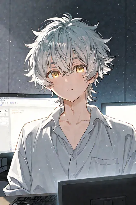 A boy appears on the monitor、One person、 、10th Generation、Short Hair、Gray Hair、Eyes without emotion、Admission、computer monitor、 dull face、handsome、golden eyes、ephemeral、 fluffy hair 、Perm、front、graduate School