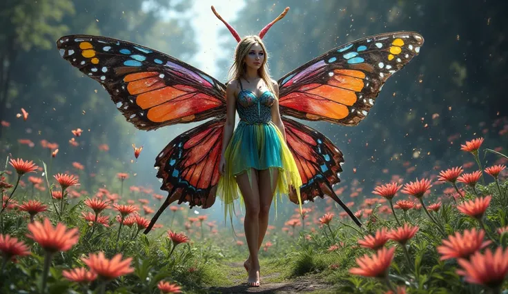  a beautiful woman (European, Age 30, hourglass figure,  amazingly beautiful , delicious hips and thighs, colorfuls kleid,   bare feet , insect antenna headband, colorful,  animated, large butterfly wings) the woman is as big as a fairy, happy flutter from...