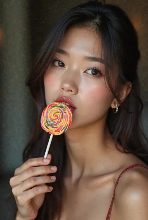 Asian with a lollipop in her mouth with a seductive face 