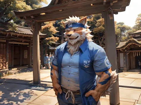 solo, 1boy, cartoon, by lindong, by null-ghost, correct anatomy, fullbody picture, Arcanine, beard, (blue casual shirt:1.5), headband, Gassho-style prayer with closed eyes, worship and pray, smile, Shinto shrine, traditional Japanese architecture, Torii ga...