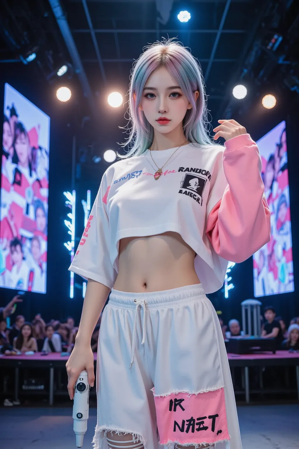 A breathtakingly beautiful young woman commands the massive live stage, surrounded by vibrant neon lights, LED panels, and dynamic spotlights. She exudes the charisma of a top-tier K-pop idol, striking a powerful and expressive dance pose, holding a sleek,...