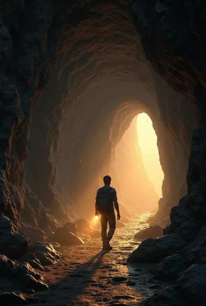 Inside the cave, the air is thick with dust and mystery. The rocky walls are jagged and covered with strange ancient carvings. Arjun, holding his flashlight, walks cautiously, casting long shadows on the damp ground. In the distance, a faint golden glow em...