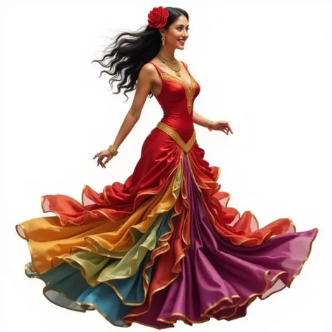 Create real image with white background of a Moroccan woman from Istanbul wavy black hair with a red rose on her head wearing a red bodice with a gold outline and a silk satin skirt long up to her feet gode, Round with seven ruffles, the first ruffle is re...