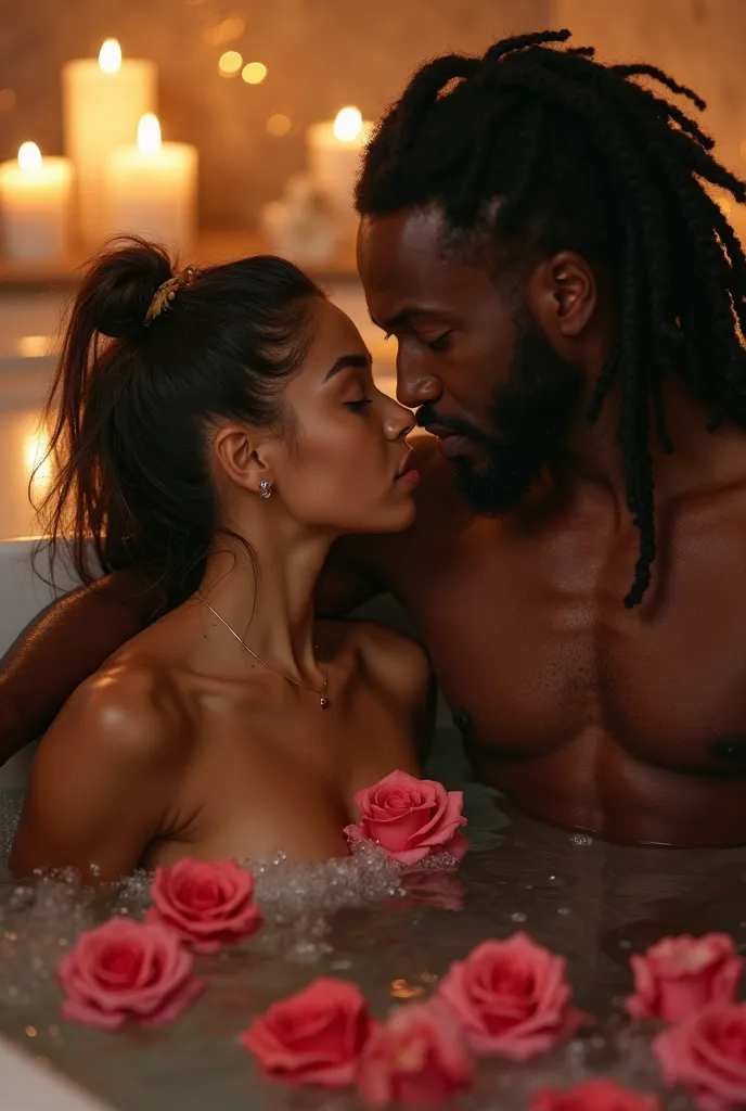 a beautiful black haired green eyes white woman hair in pigtails and ribbons in her hair.  a tall African American man in black  fit from workouts 6 pack and muscles brown eyes and long dreaded dark hair. Sharing a intimate bath together naked with candles...