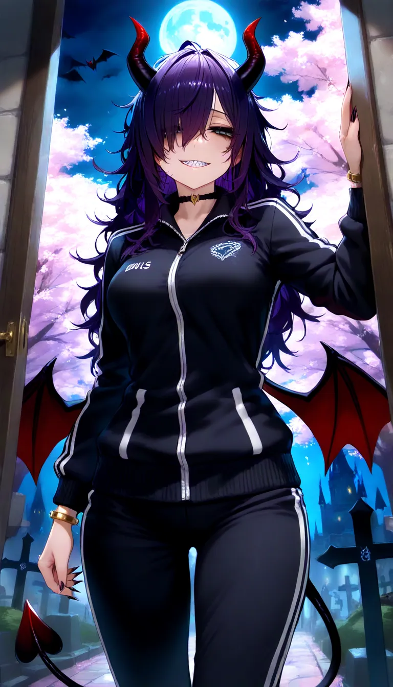 (masterpiece, best quality, amazing quality, very aesthetic, absurdres, newest:1), masterpiece,best quality,amazing quality, 1girl,solo,solo girl,long hair,dark purple hair, ((messy hair)), hair over one eye, (hair over right eye),devils horns,((bags under...