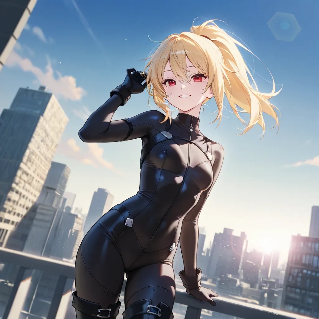 1 girl, solo, High Resolution, looks at one woman, blonde ponytail, medium chest, smiles, standing up picture, lens flare,  illustration, anime style, very detailed, textured skin, black bodysuit、black boots、 full picture、Broken cityscape、blue sky、decadent...