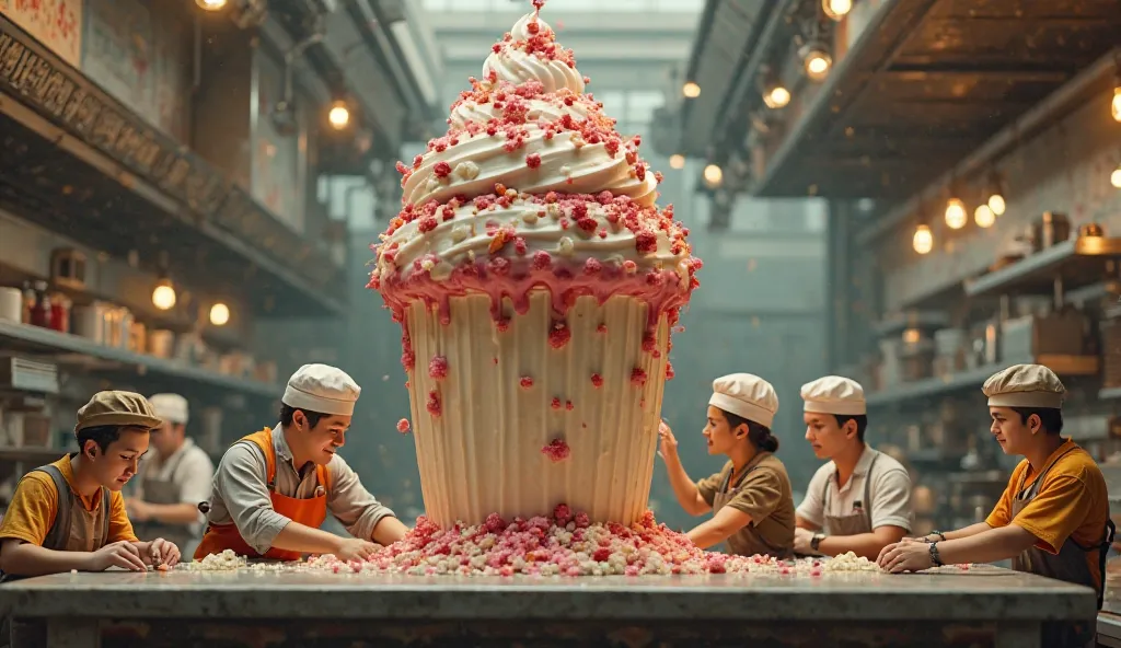 several miniature workers, Lilliputian style (miniature people), that they are working on the bar of a kitchen in a restaurant, They are preparing a giant ice cream, realistic style, Masterpiece